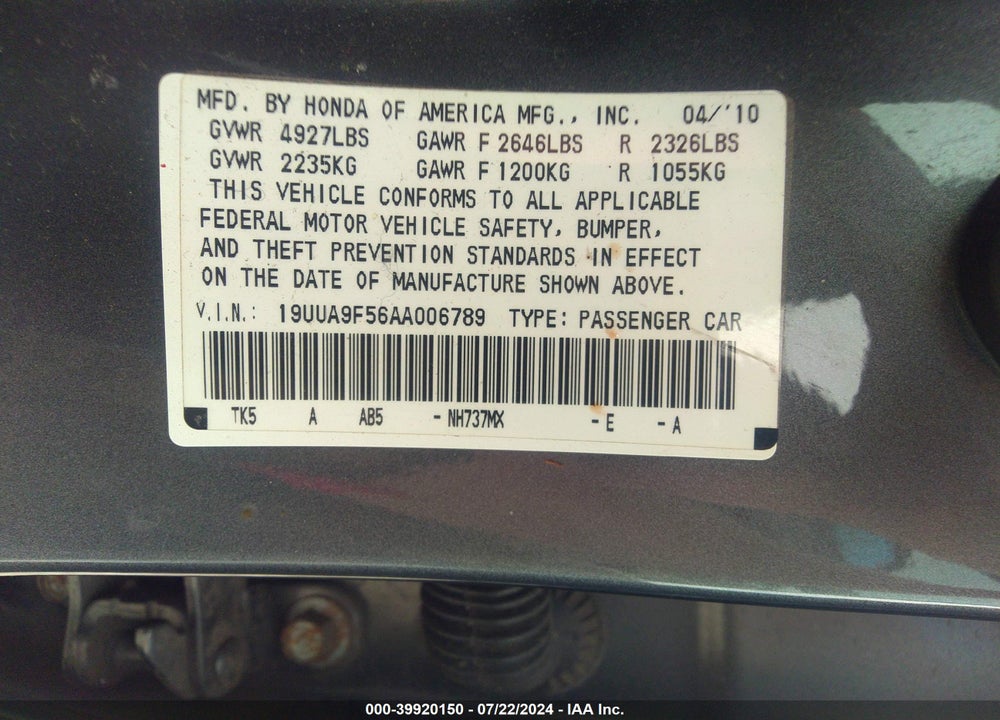 2010 ACURA TL 3.7 VIN: 19UUA9F56AA006789