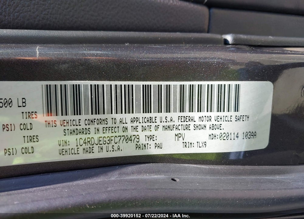 2015 DODGE DURANGO CITADEL VIN: 1C4RDJEG3FC770479