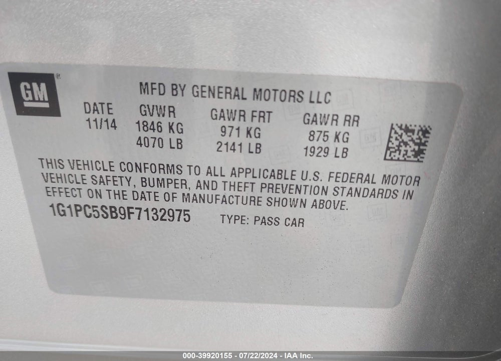 2015 CHEVROLET CRUZE 1LT AUTO VIN: 1G1PC5SB9F7132975