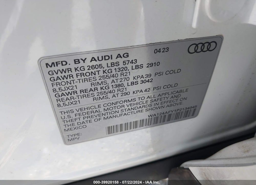 2023 AUDI SQ5 SPORTBACK PREMIUM PLUS TFSI QUATTRO TIPTRONIC VIN: WA124AFY1P2134945