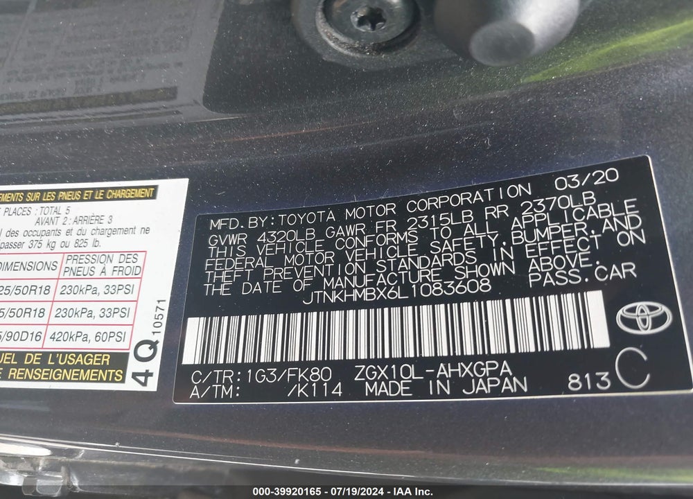 2020 TOYOTA C-HR XLE VIN: JTNKHMBX6L1083608