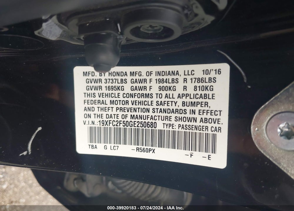 2016 HONDA CIVIC LX VIN: 19XFC2F50GE250680