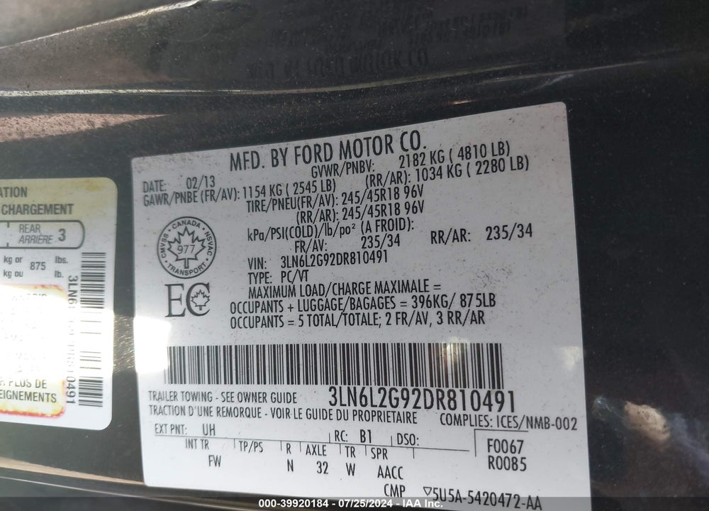 2013 LINCOLN MKZ VIN: 3LN6L2G92DR810491