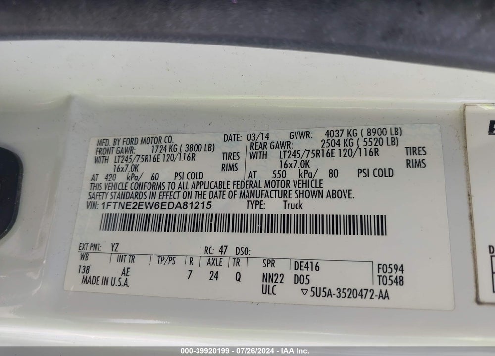 2014 FORD E-250 COMMERCIAL VIN: 1FTNE2EW6EDA81215