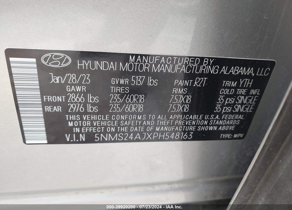 2023 HYUNDAI SANTA FE SEL VIN: 5NMS24AJXPH548163