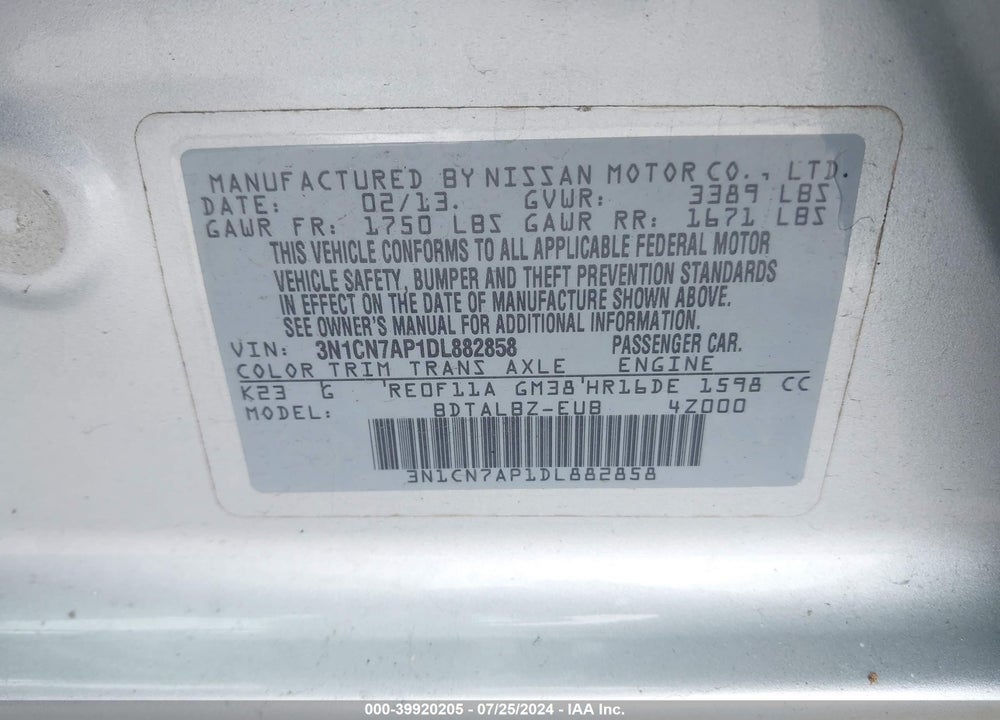 2013 NISSAN VERSA 1.6 SV VIN: 3N1CN7AP1DL882858