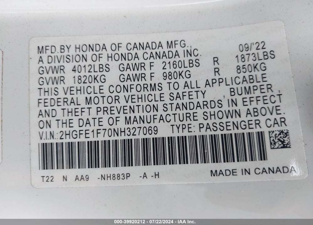 2022 HONDA CIVIC EX VIN: 2HGFE1F70NH327069