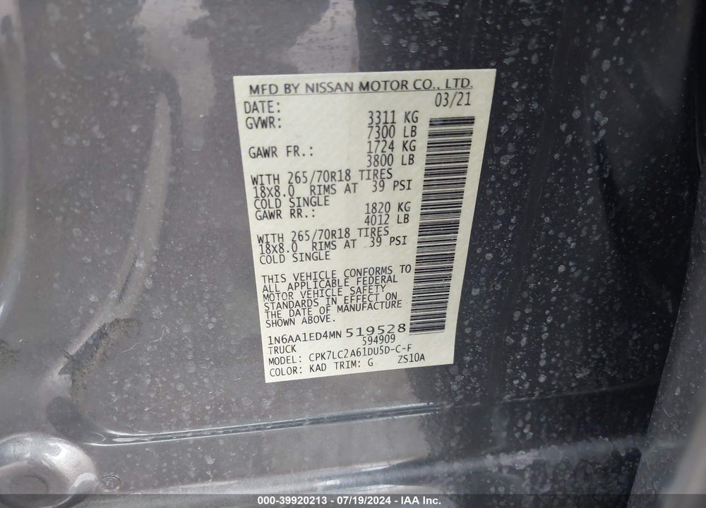 2021 NISSAN TITAN SV 4X4 VIN: 1N6AA1ED4MN519528
