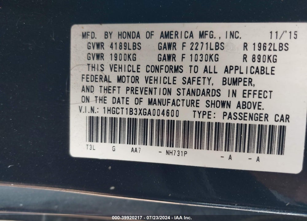 2016 HONDA ACCORD LX-S VIN: 1HGCT1B3XGA004600
