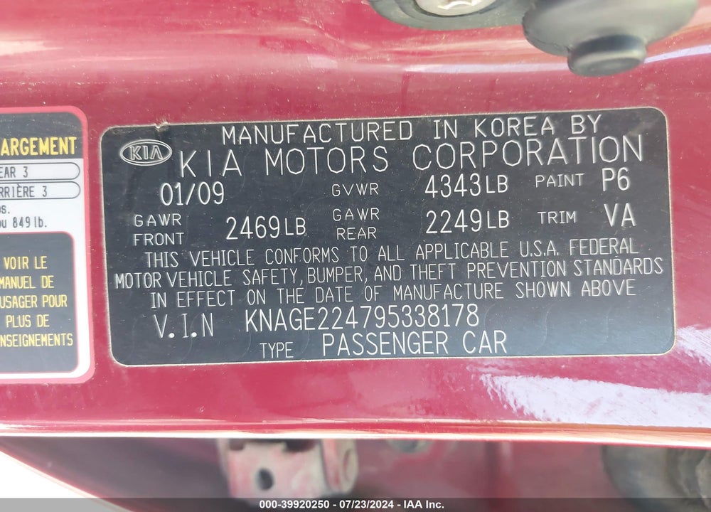 2009 KIA OPTIMA SX V6 VIN: KNAGE224795338178