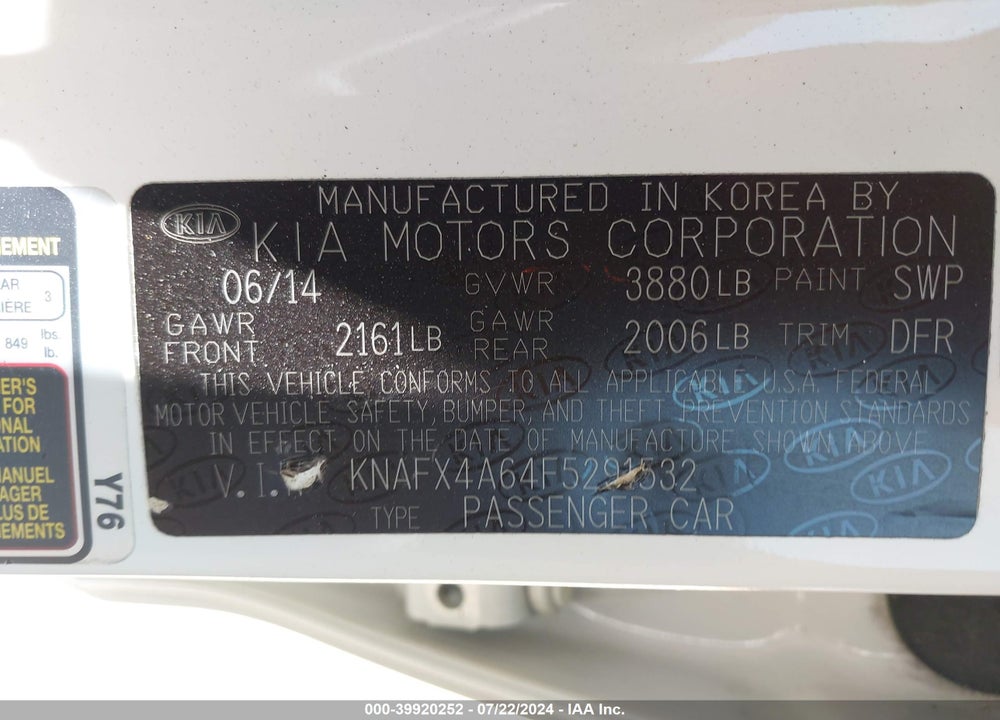 2015 KIA FORTE LX VIN: KNAFX4A64F5291532