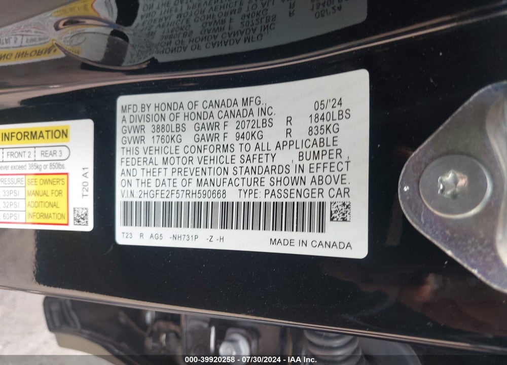 2024 HONDA CIVIC SPORT VIN: 2HGFE2F57RH590668