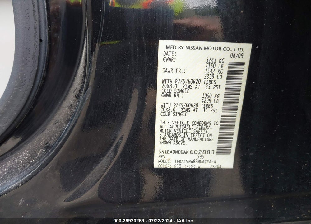 2010 NISSAN ARMADA PLATINUM VIN: 5N1BA0ND0AN602883