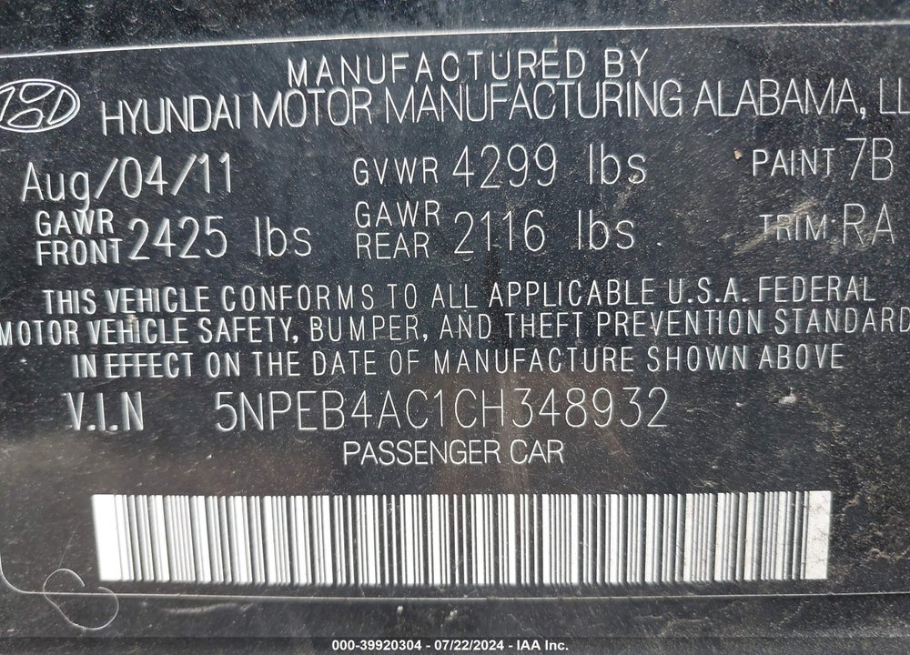 2012 HYUNDAI SONATA GLS VIN: 5NPEB4AC1CH348932