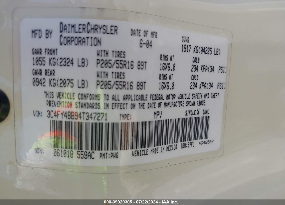 2004 CHRYSLER PT CRUISER VIN: 3C4FY48B94T347271