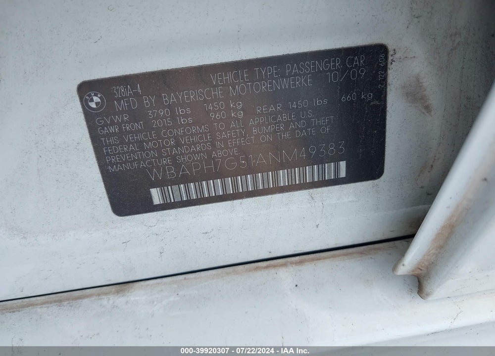 2010 BMW 328I VIN: WBAPH7G51ANM49383