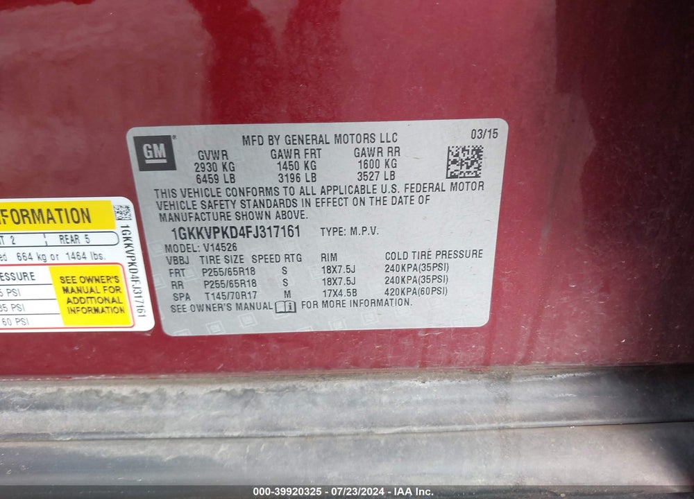 2015 GMC ACADIA SLE-2 VIN: 1GKKVPKD4FJ317161