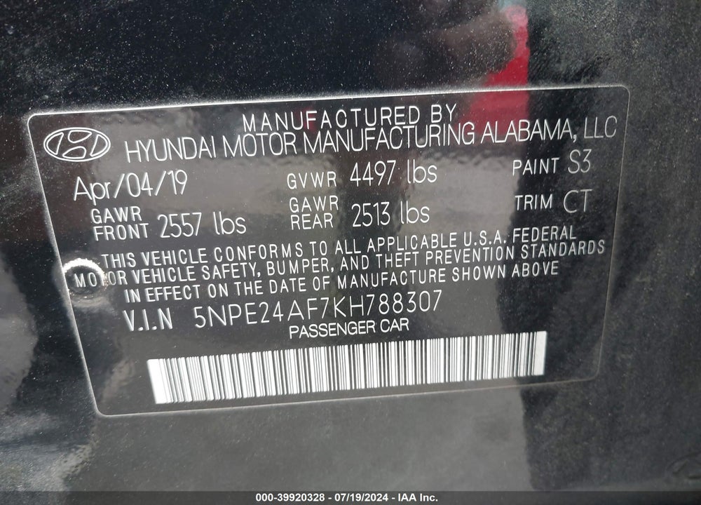 2019 HYUNDAI SONATA SE VIN: 5NPE24AF7KH788307