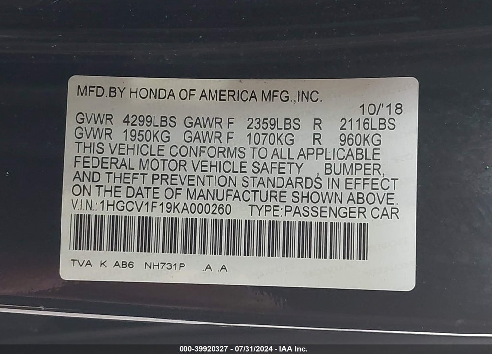 2019 HONDA ACCORD LX VIN: 1HGCV1F19KA000260
