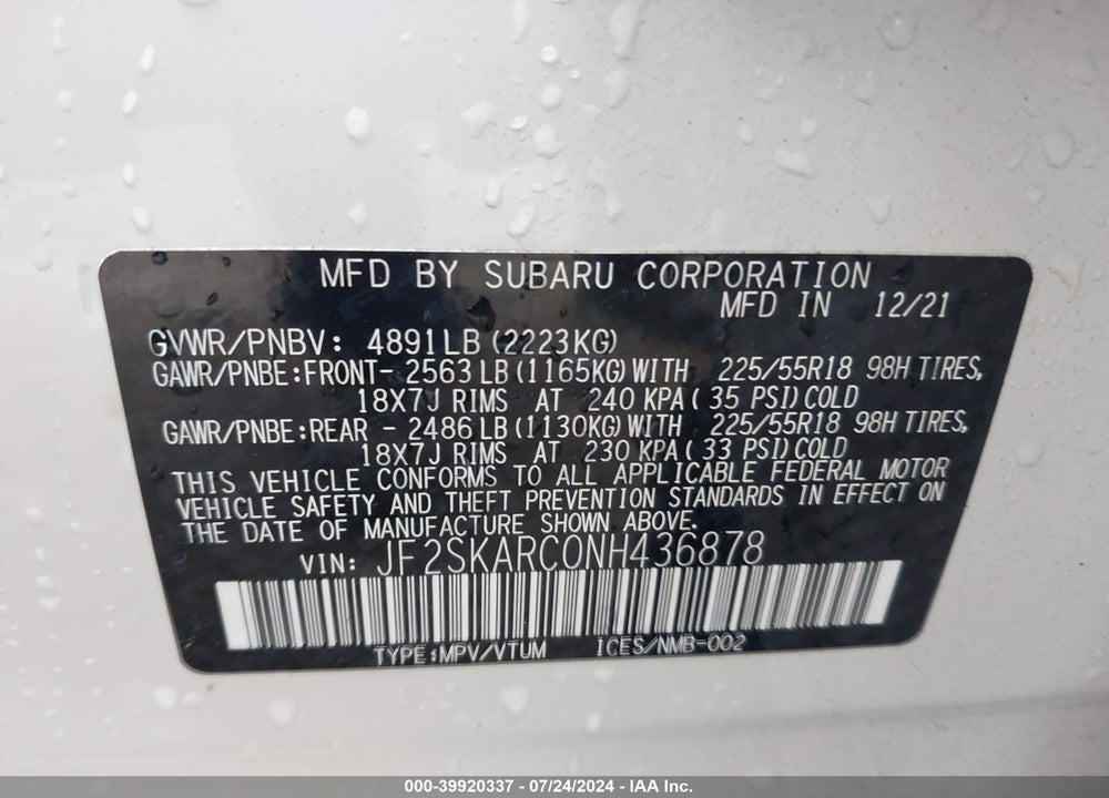 2022 SUBARU FORESTER TOURING VIN: JF2SKARC0NH436878