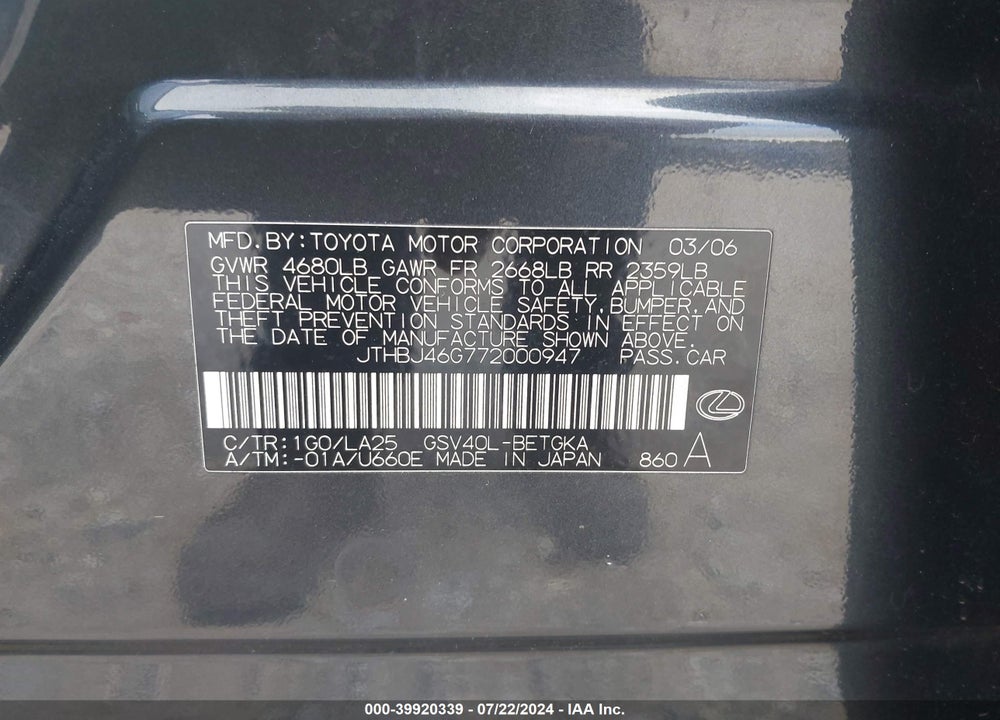 2007 LEXUS ES 350 VIN: JTHBJ46G772000947