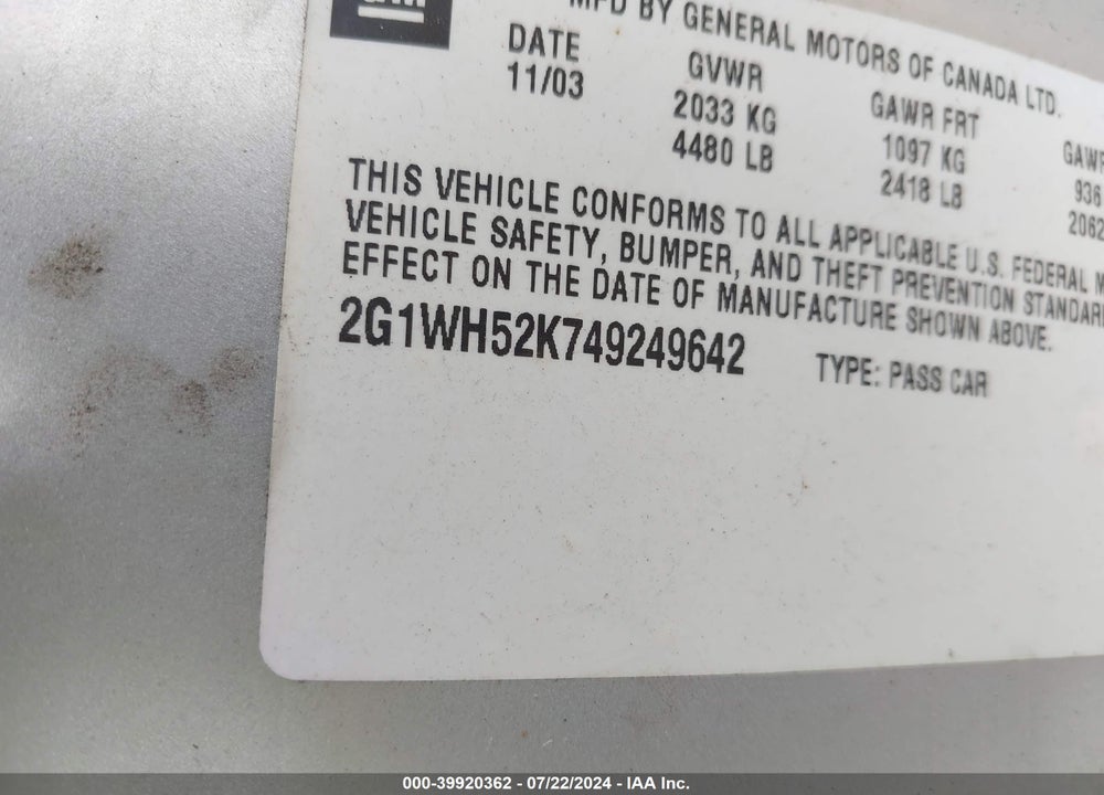 2004 CHEVROLET IMPALA LS VIN: 2G1WH52K749249642