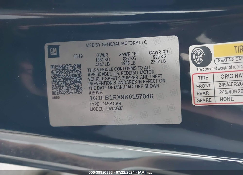 2019 CHEVROLET CAMARO 1LT VIN: 1G1FB1RX9K0157046