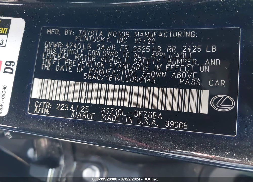 2020 LEXUS ES 350 VIN: 58AGZ1B14LU069145