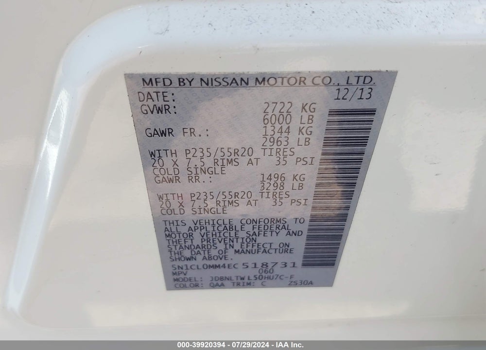 2014 INFINITI QX60 HYBRID VIN: 5N1CL0MM4EC518731