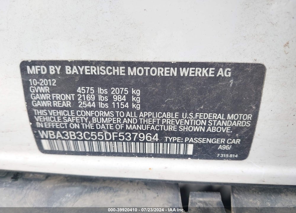 2013 BMW 328I XDRIVE VIN: WBA3B3C55DF537964