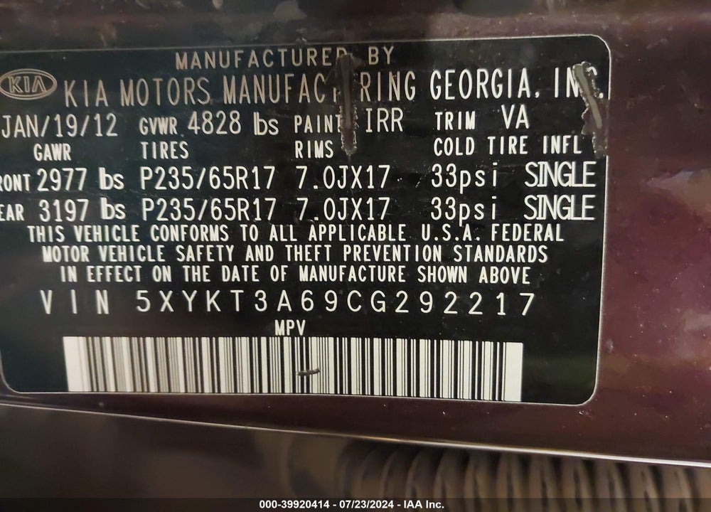 2012 KIA SORENTO LX VIN: 5XYKT3A69CG292217