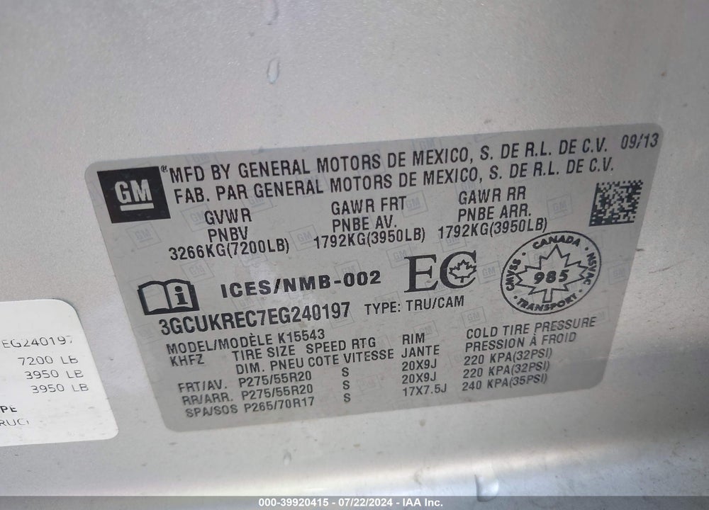 2014 CHEVROLET SILVERADO 1500 1LT/2LT VIN: 3GCUKREC7EG240197