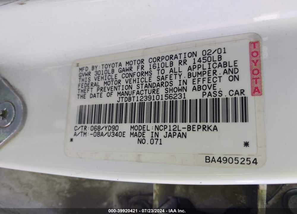 2001 TOYOTA ECHO VIN: JTDBT123910156231