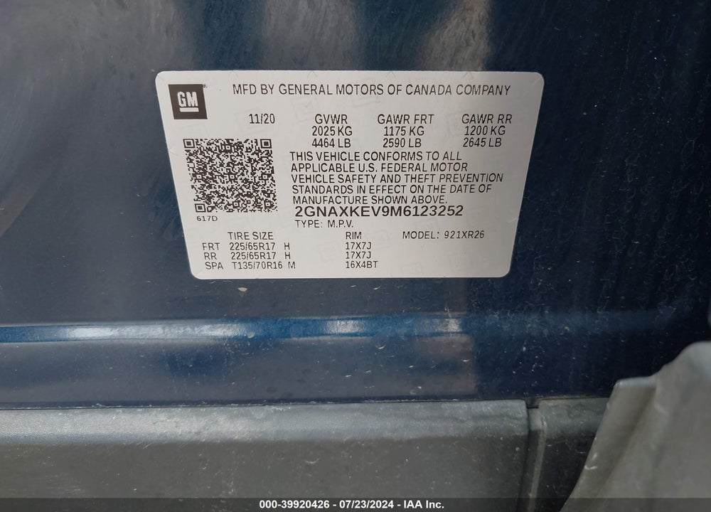 2021 CHEVROLET EQUINOX FWD LT VIN: 2GNAXKEV9M6123252