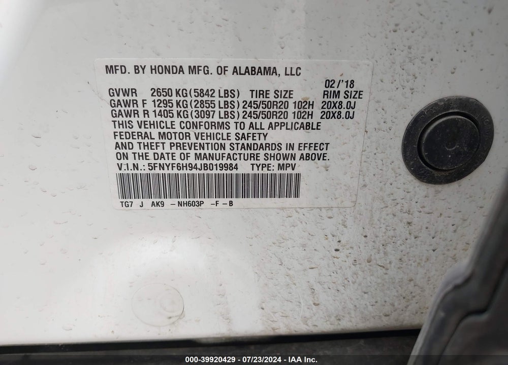 2018 HONDA PILOT TOURING VIN: 5FNYF6H94JB019984