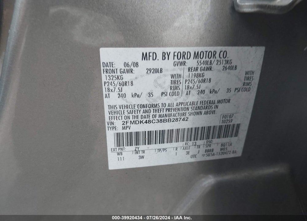 2008 FORD EDGE SEL VIN: 2FMDK48C38BB28742