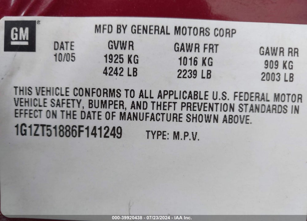 2006 CHEVROLET MALIBU LT VIN: 1G1ZT51886F141249