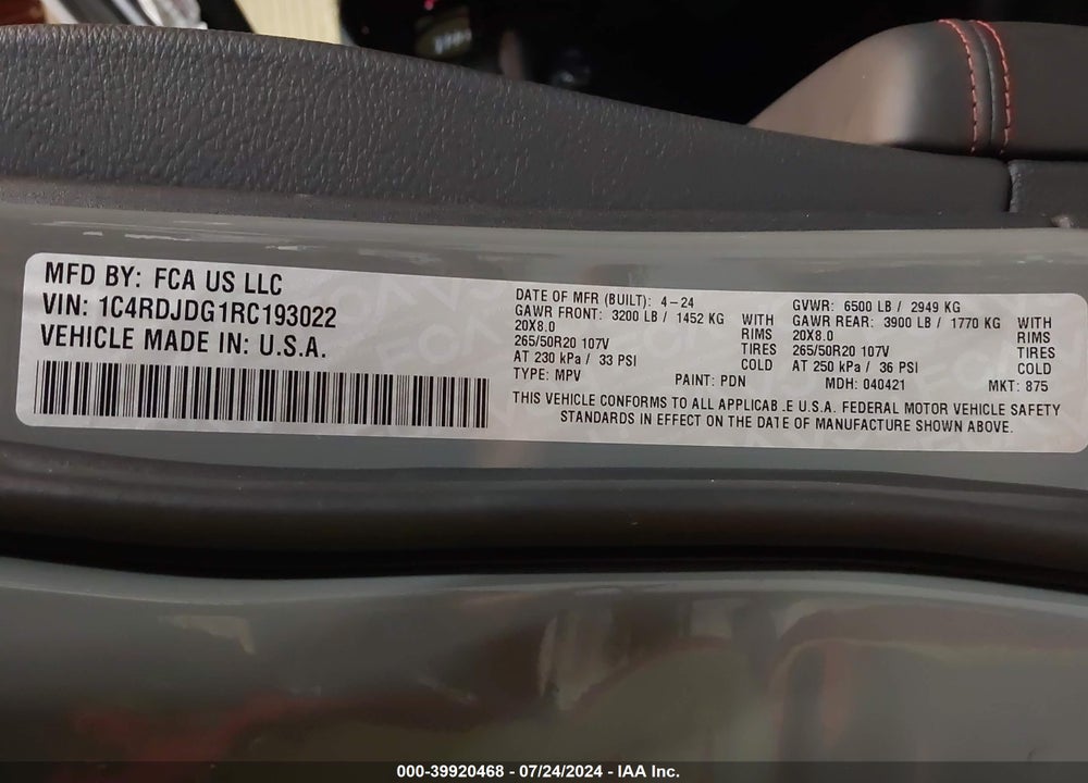2024 DODGE DURANGO GT PLUS AWD VIN: 1C4RDJDG1RC193022