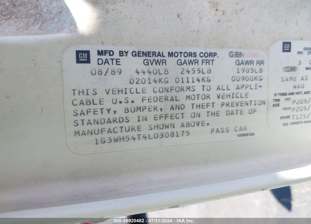 1990 OLDSMOBILE CUTLASS SUPREME VIN: 1G3WH54T4LD308175
