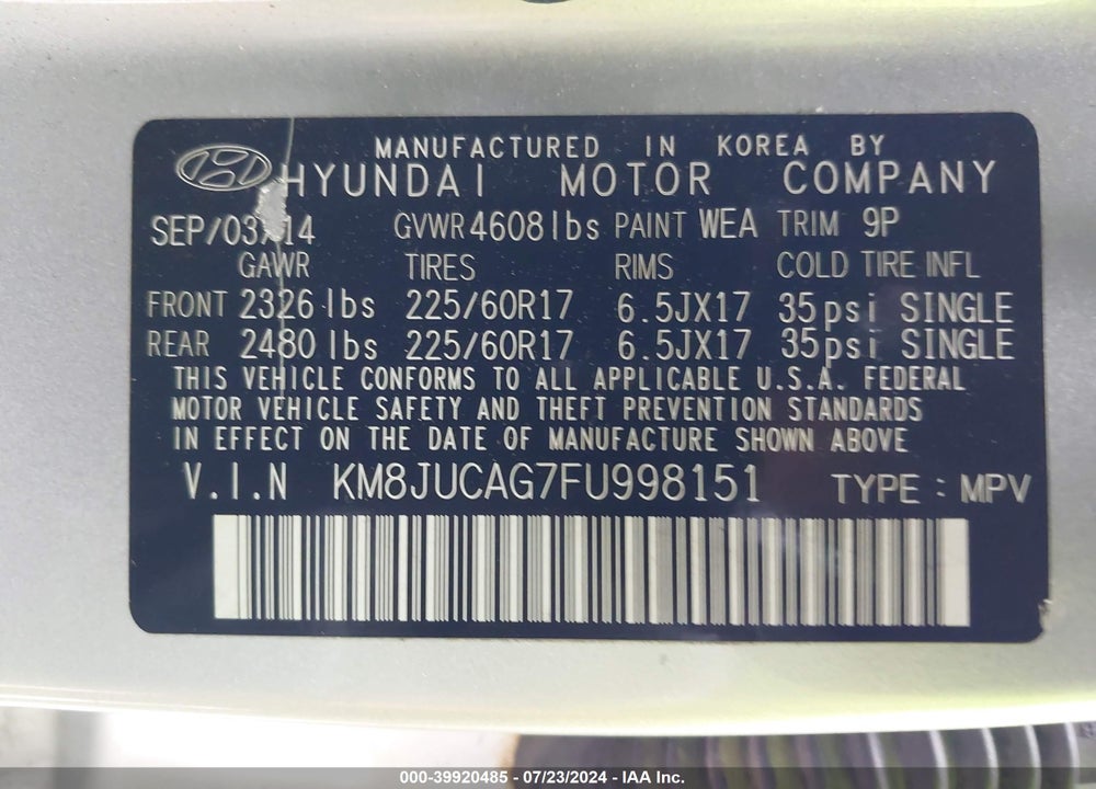 2015 HYUNDAI TUCSON SE VIN: KM8JUCAG7FU998151