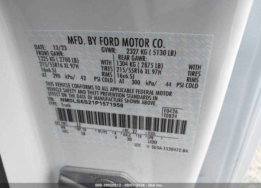2023 FORD TRANSIT CONNECT XL VIN: NM0LS6S21P1571958