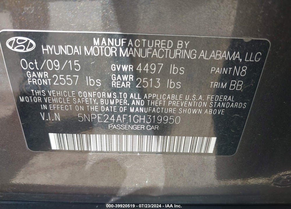 2016 HYUNDAI SONATA SE VIN: 5NPE24AF1GH319950