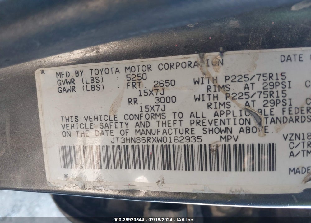 1998 TOYOTA 4RUNNER SR5 V6 VIN: JT3HN86RXW0162935