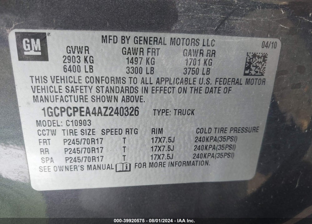 2010 CHEVROLET SILVERADO 1500 WORK TRUCK VIN: 1GCPCPEA4AZ240326
