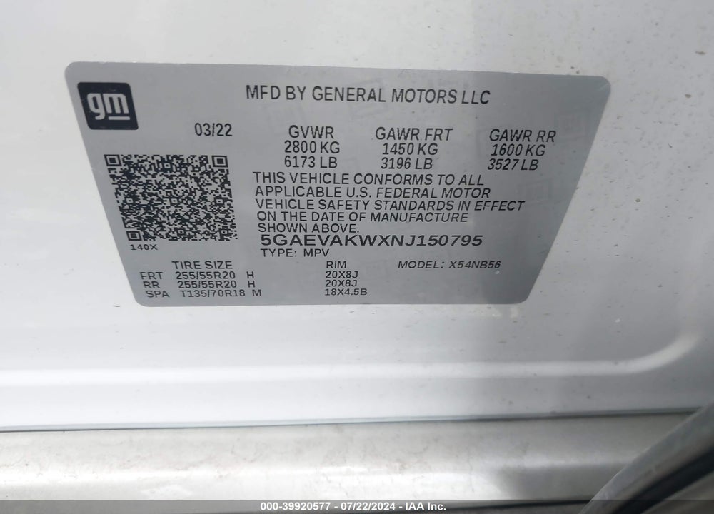 2022 BUICK ENCLAVE AWD ESSENCE VIN: 5GAEVAKWXNJ150795