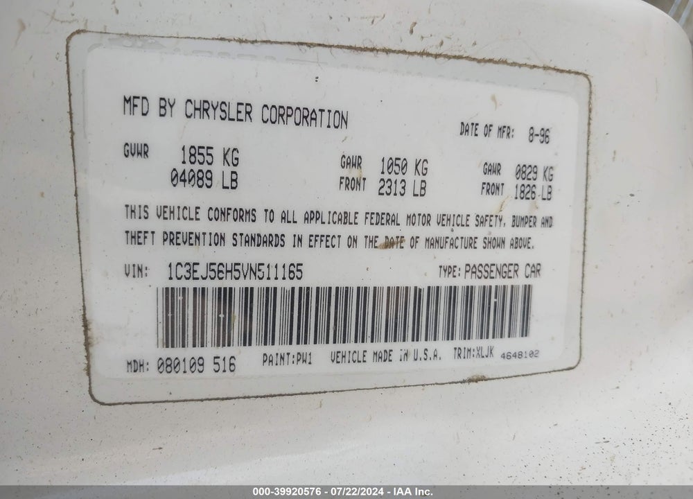 1997 CHRYSLER CIRRUS LX VIN: 1C3EJ56H5VN511165