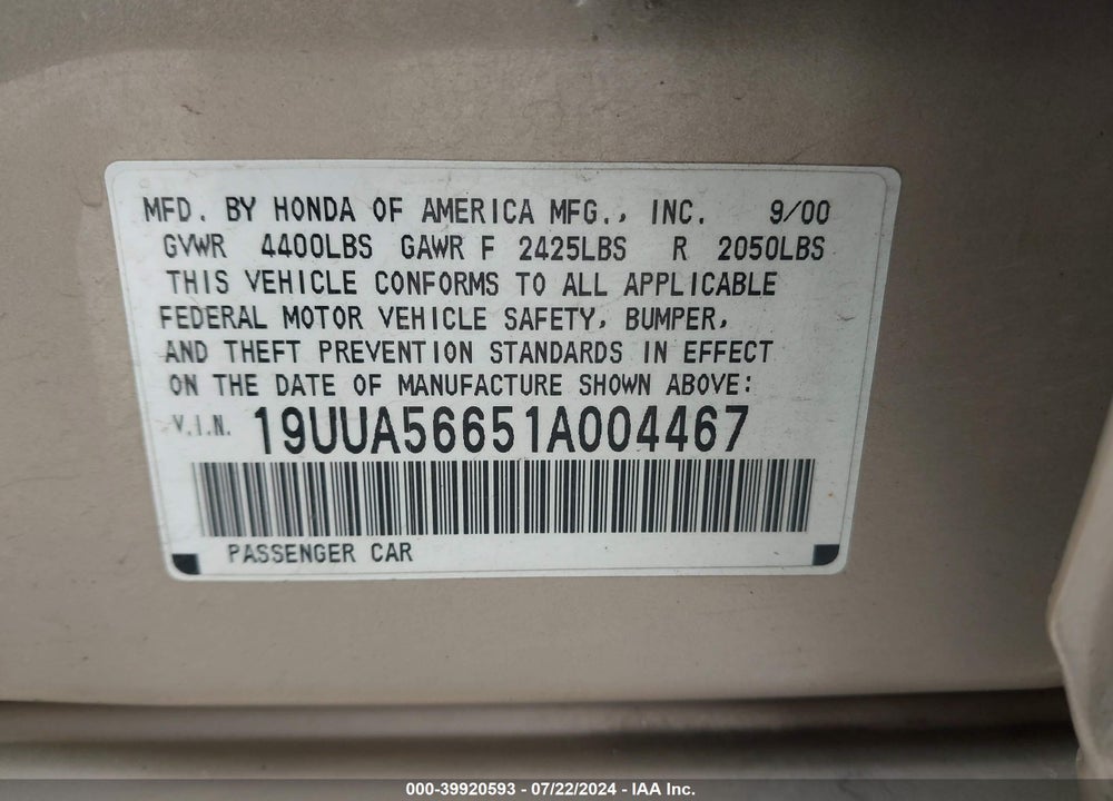 2001 ACURA TL 3.2 VIN: 19UUA56651A004467