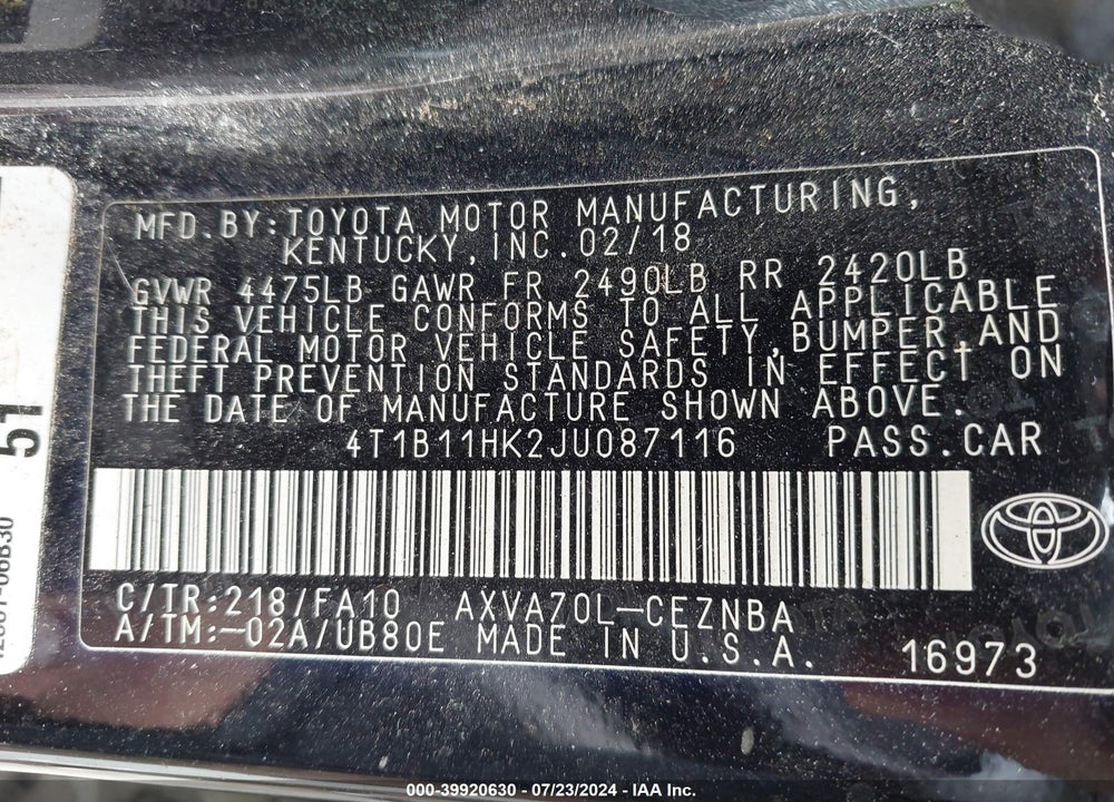 2018 TOYOTA CAMRY LE VIN: 4T1B11HK2JU087116