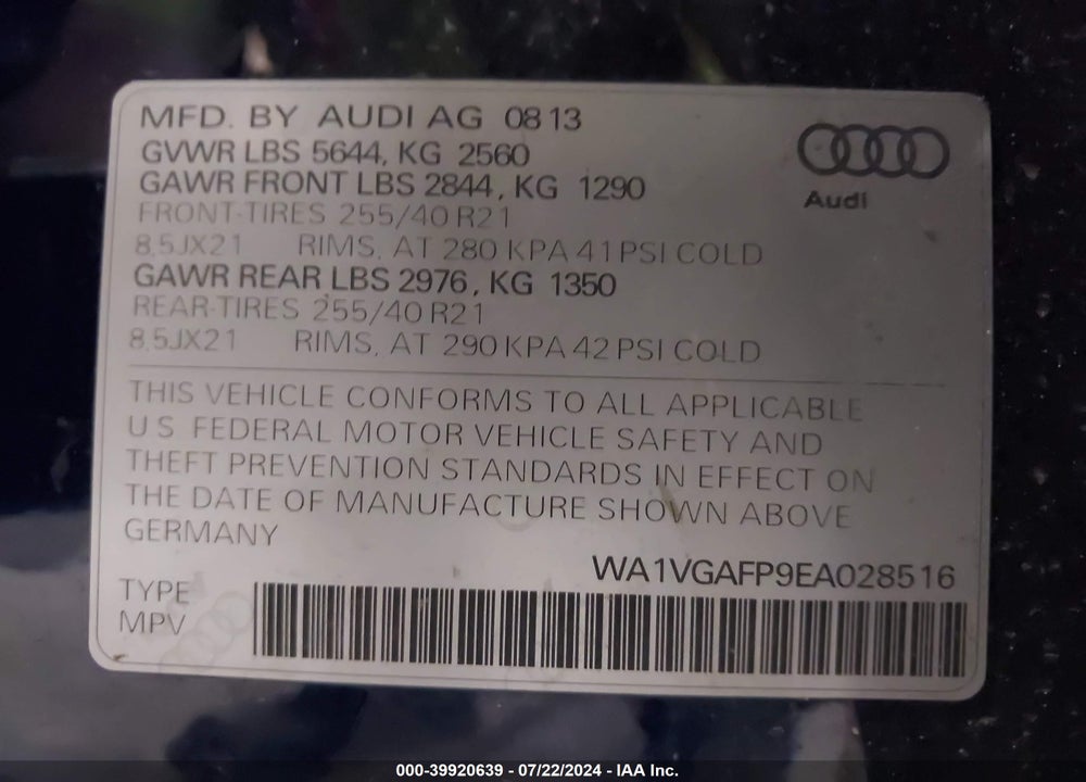 2014 AUDI SQ5 3.0T PREMIUM PLUS VIN: WA1VGAFP9EA028516