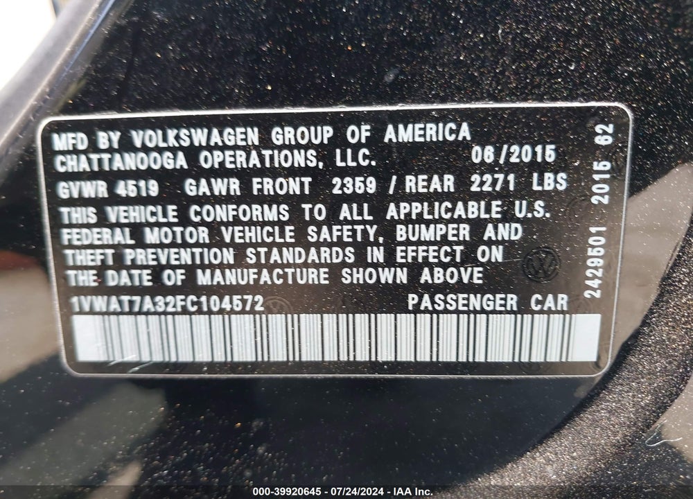 2015 VOLKSWAGEN PASSAT 1.8T LIMITED EDITION VIN: 1VWAT7A32FC104572